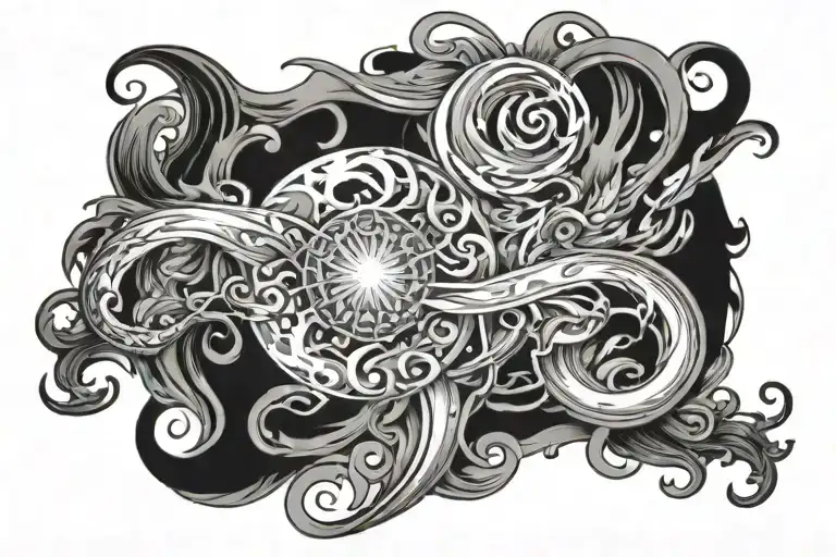 water, earth fire air and spirt for the back and  left arm  tattoo design idea