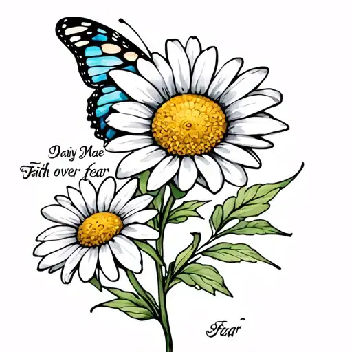 daisy flower with stem Daisy Mae in cursive writing, faith over fear with a cross , butterfly's ,  tattoo design idea