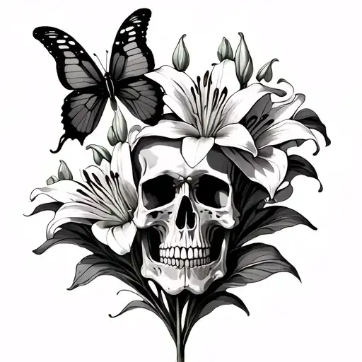Lillies with butterflies and skulls representing dark periods tattoo design idea