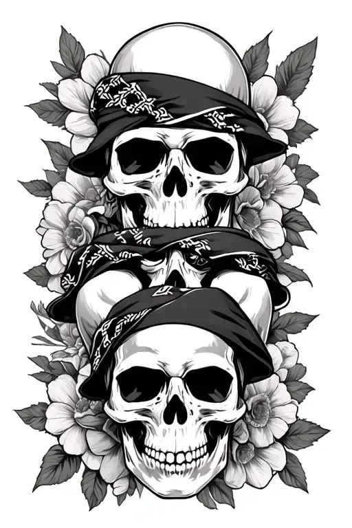 hear no evil see no evil speak no evil skulls stacked on top of each other with bandanas and floral background  tattoo design idea