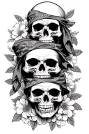 hear no evil see no evil speak no evil skulls stacked on top of each other with bandanas and floral background  tattoo design idea