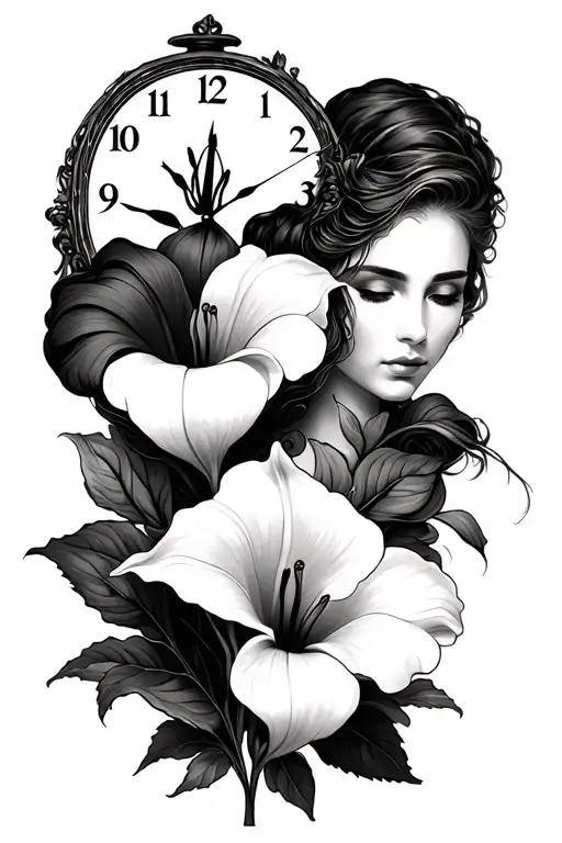 couple tattoo design incorporating calla lily, ranaculus, time clock tattoo design idea