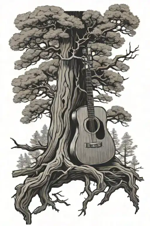 ponderosa pine tree with roots forming around an acoustic guitar tattoo design idea