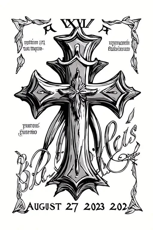 three nails cross with the date August 27, 2023 in roman numerals tattoo design idea