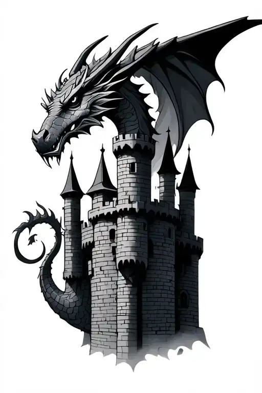 knight and dragon with castle tower tattoo design idea