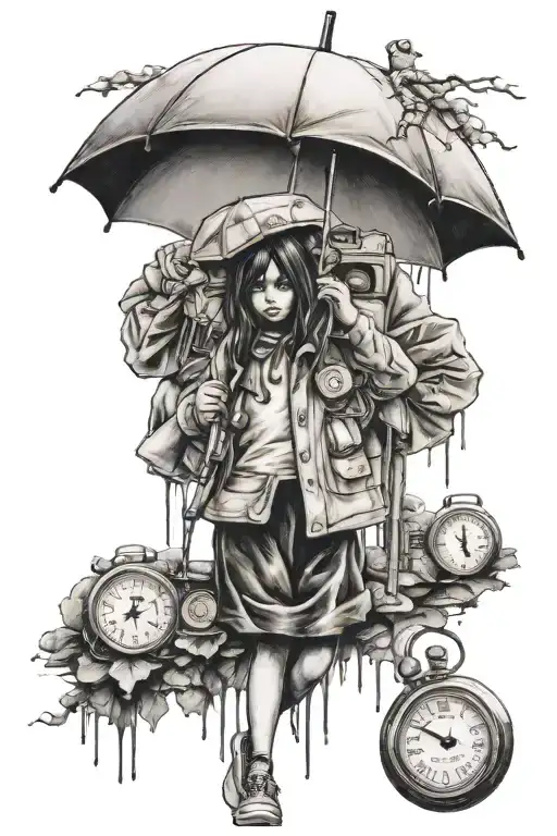 banksy girl with umbrella and melting clock tattoo design idea
