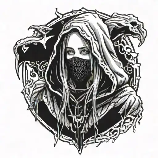 fineline blackout tattoo design of Billie Eilish wearing a black hooded cloak holding a ghostface killer mask tattoo design idea