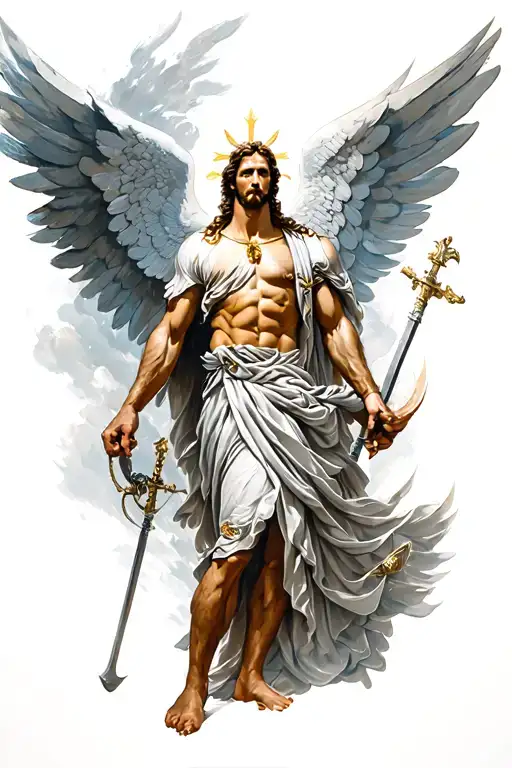 saint micheal after fighting in battle tattoo design idea