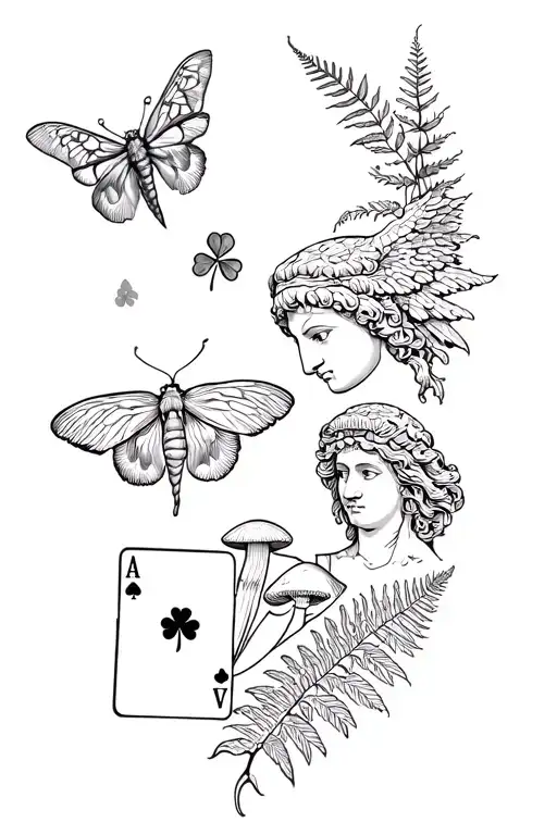 a full tattoo sleeve with a moth, ferns, mushrooms, playing cards, roman face statue, roman angel, leaf clover and irela tattoo design idea
