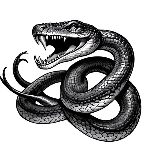 Double-headed snake with its mouth open, fangs out, tongue out, spinning around itself tattoo design idea