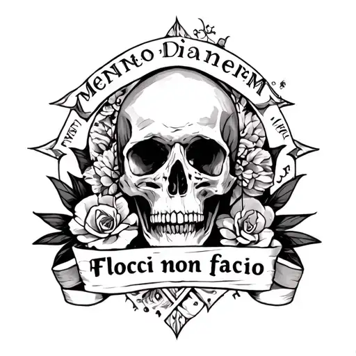 tattoo containing "memento mori", "carpe diem" and "flocci non faccio" with a cool background tattoo design idea