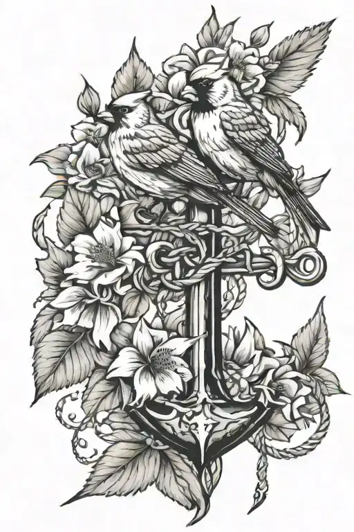 December birth flower flowing out of an anchor with cardinals sitting on a branch  tattoo design idea