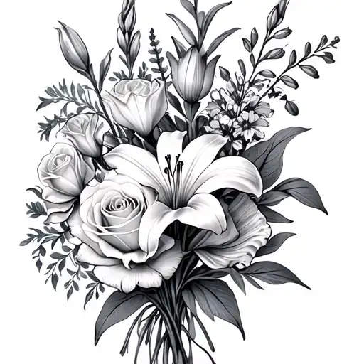 Lily,rose, carnation,violet, gladiolus,narcissus,and larkspur bouquet tattoo design idea