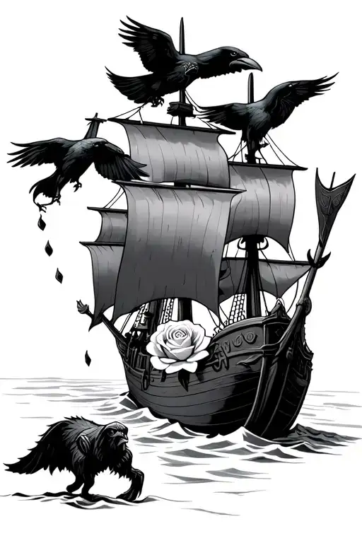 A Viking ship with angry Vikings on it and an angry Oden and a white Yorkshire rose down near my hand and black ravens f tattoo design idea