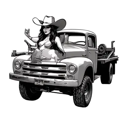 tow truck with cowgirl tattoo design idea