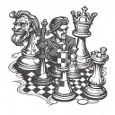Chess game with three main pieces in the center, one representing a Hustler, another a Hipster, and the third a Hacker.  tattoo design idea