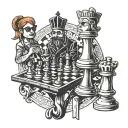 Chess game with three main pieces in the center, one representing a Hustler, another a Hipster, and the third a Hacker.  tattoo design idea