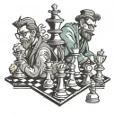 Chess game with three main pieces in the center, one representing a Hustler, another a Hipster, and the third a Hacker.  tattoo design idea