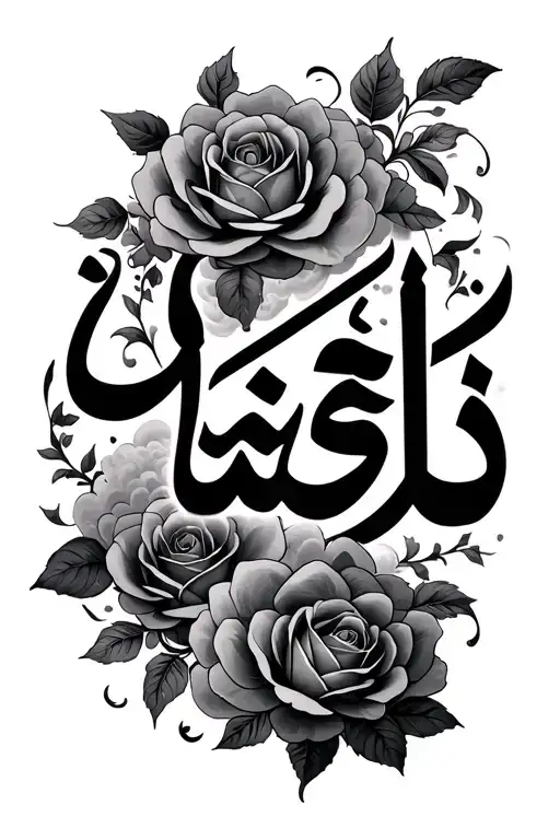 clouds, arabic calligraphy, roses intertwined vines tattoo design idea