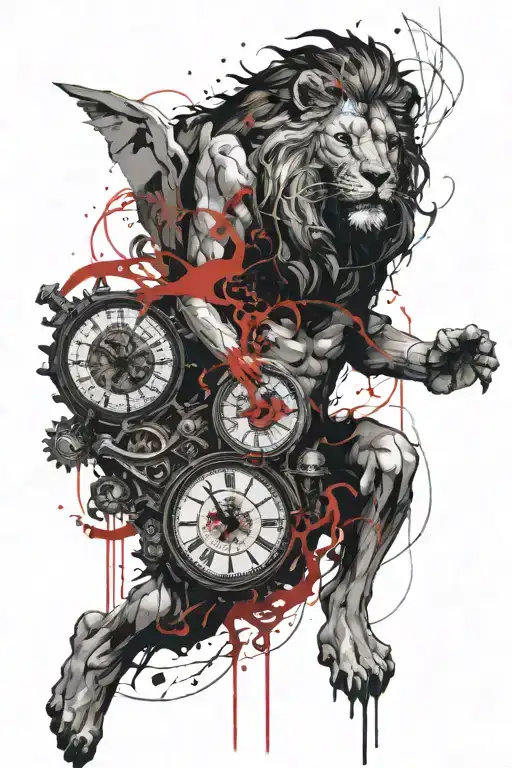 angel an demon fight scene with lion and clock face tattoo design idea