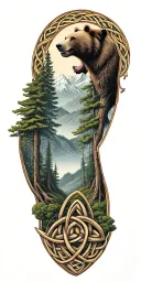 celtic knot with trees mountains and bears tattoo design idea
