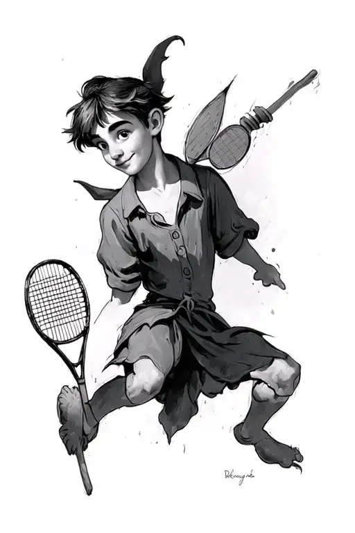Peter pan with tennis racket sketched tattoo design idea