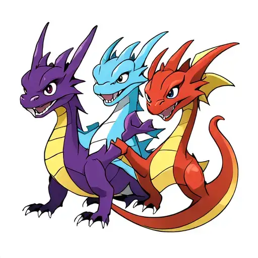 3 dragons (Spyro, blue eyes white dragon, charizard themed) above each other. purple dragon on the bottom, tattoo design idea