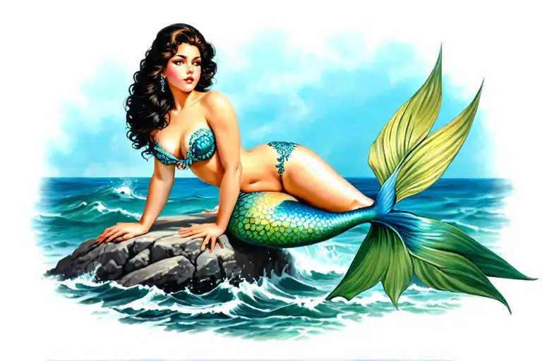 pin up mermaid brunette sitting on rock in ocean tattoo design idea