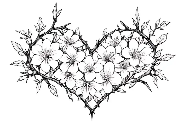 heart made of jasmine flowers and thorns tattoo design idea