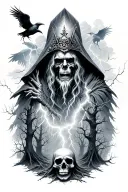 fallen king necromancer with hood and crown surrounded by dark trees forest with storm of lightning clouds skull ravens  tattoo design idea