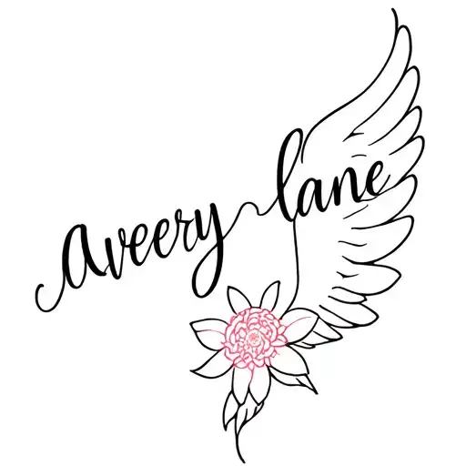 baby remembrance tattoo with angel wings, the name “avery lane”, the birth flower for july tattoo design idea