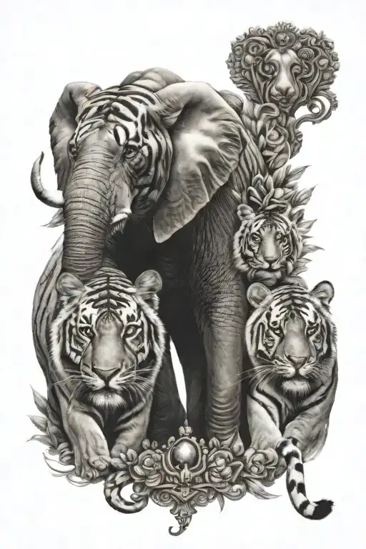 Elephant, tiger and a crown tattoo design idea