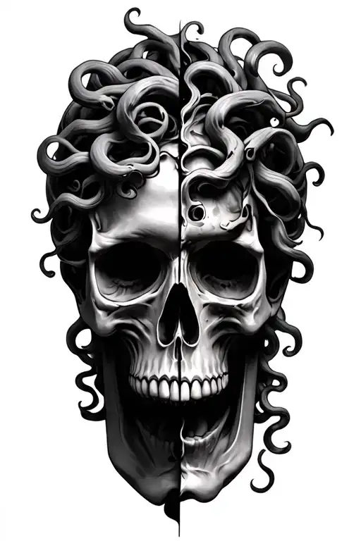 beautiful Medusa head with face split in half and a skull showing in the split tattoo design idea