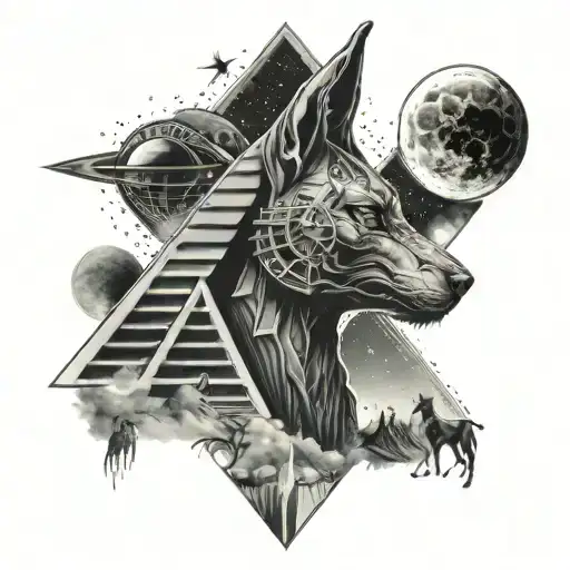 Anubis With Pyramids And Planets In The Sky Background Tattoo tattoo design idea