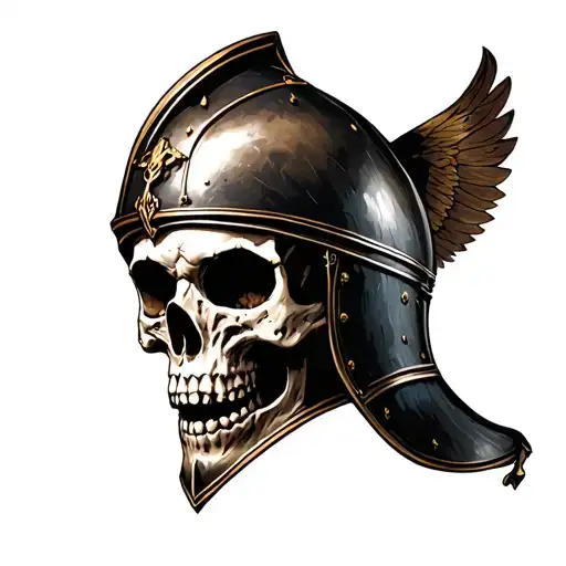 A skull wearing a medieval helmet that only can show the face tattoo design idea