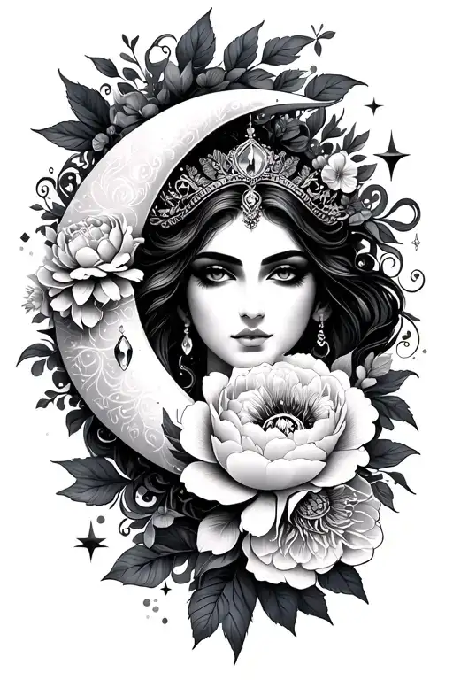 crescent moon and stars over goddess face with peonies and flowers, filigree and crystals tattoo design idea