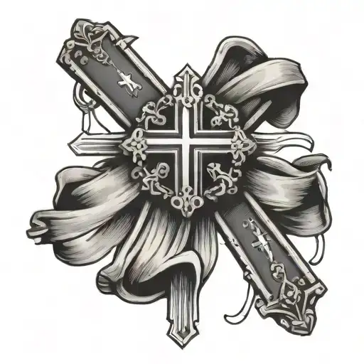 catholic cross with rosary and prayer hands with a ribbon around the cross tattoo design idea