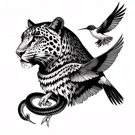 Generate me average manga that has a leopard on the shoulder, a hummingbird and an eagle in the biceps and a snake completing tattoo design idea