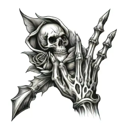 skeleton hand shooting rose from bow their heads tattoo design idea