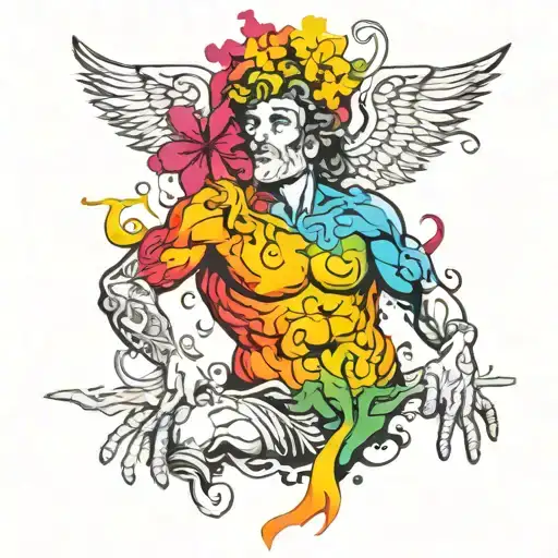 Bacchus, tobacco and Venus reduce man to ashes transforming tattoo design idea
