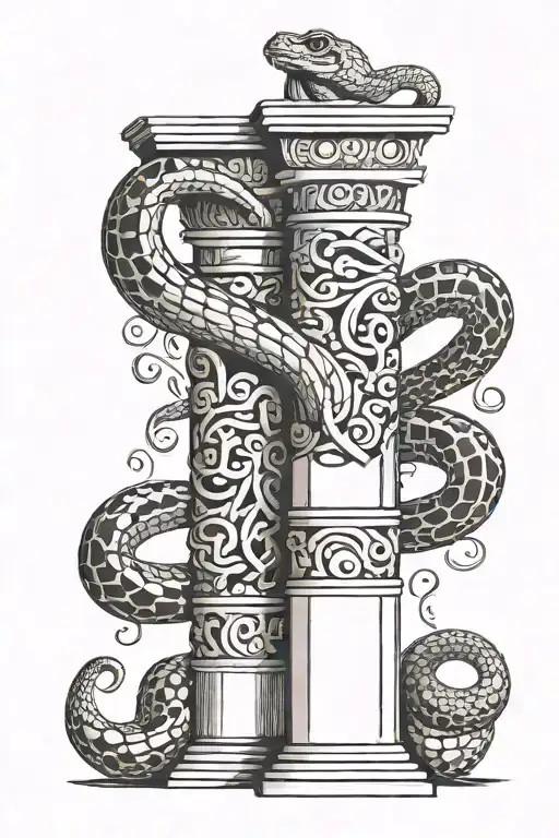 snake slithering around a broken ionic column in a Mexican folk art style tattoo design idea