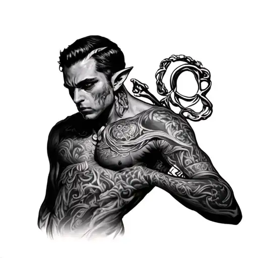 Famdom, male chastity, bdsm, pegging, elf, psychedelic, implicit in the image tattoo design idea