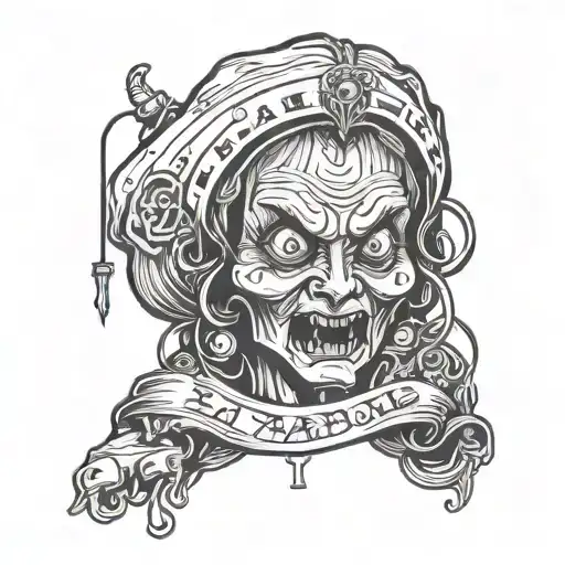 The scary and disgusting head of Baba Yaga, and instead of a body she has lines in the style of lettering tattoo design idea