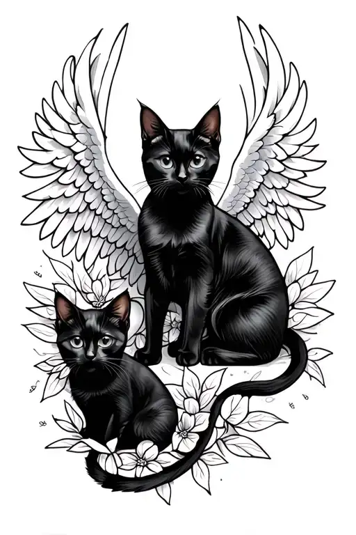 2 black cats and 1 black kitten with angel wings surrounded tattoo design idea