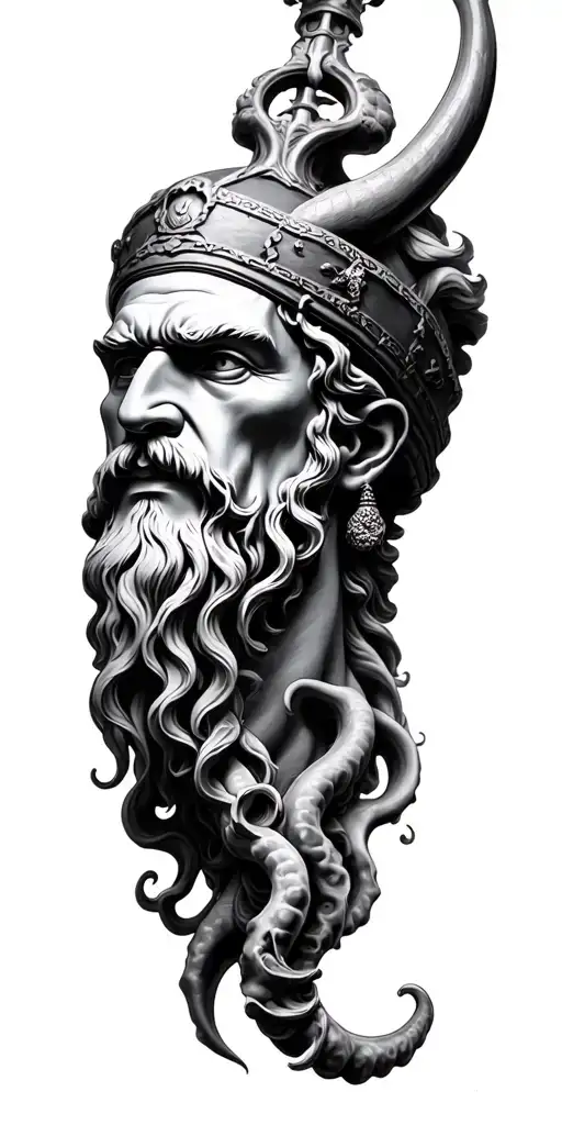 fotorealistic head of poseidon, pirateship, kraken tattoo design idea