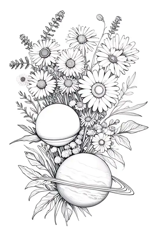 bouquet of planets and flowers and leaves for a tattoo.  chamomile lavender daisy, neptune, pluto, eris tattoo design idea