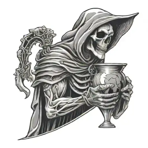 Grip reaper holding an hourglass with his scythe at his back and one finger on his mouth asking to be quiet tattoo design idea