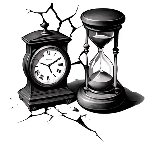 Clock / hourglass + broken figureA clock without hands or a cracked hourglass, symbolizing the passing of time tattoo design idea