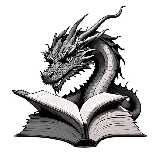 dragon reading book style illustration tattoo design idea