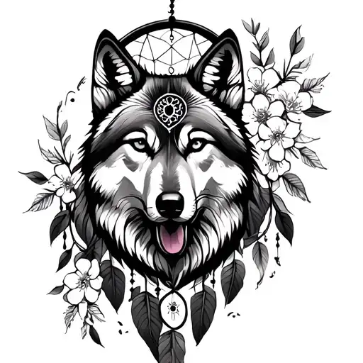 dreamcatcher with wolf, triangle, and cherry blossoms tattoo design idea